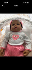 Baby Girl Doll Dark Complexion Brown Eyes Curly Black Hair Pink/White Outfit