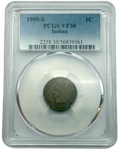 1909-S Indian Head Cent, PCGS VF30, Key Date Final Year Issue.