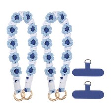 2Pcs Phone Wrist Strap, Braided Flower Lanyard with Tab, Blue/White