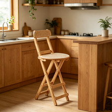 Folding Bar Stool Bamboo Kitchen Counter Height Stools W/ Resin Rattan Seat