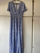 SHEIN Blue Floral Maxi Dress Smocked Cottagecore   Flutter Sleeve Viscose S