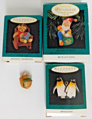 Hallmark Miniatures Lot of 4 Ornament  Bear Elf Penquin Chipmunk