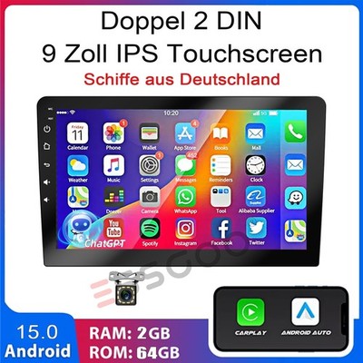 2+64G Doppel 2 DIN Autoradio Android 15 Carplay GPS Navi Bluetooth SWC Kamera FM