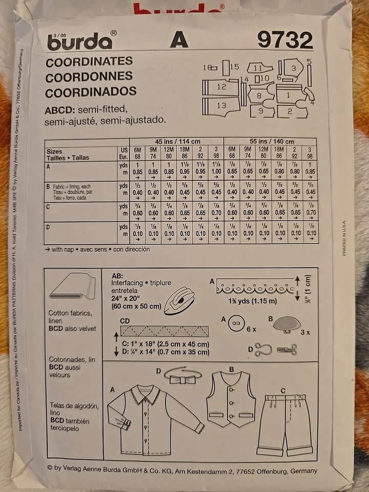 Burda Pattern 9732 Baby Pants Vest Shirt Bow Tie Sz. 6-9-12-18 Months & 2, 3 - Image 2 of 2