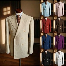 Double Breasted Linen Men's Suits Summer Wedding Blazer Beach Peak Lapel Jacket