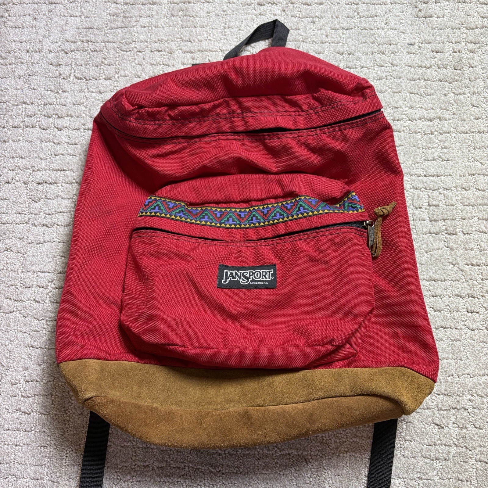 Vintage 90s Jansport USA Backpack Canvas Red Leather Bottom Aztec Geometric