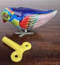 VTG Mid Century Blue Bird Tin Metal Litho Wind Up Toy Hopping Working 3" Cute