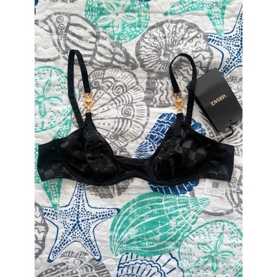 Versace Black Damier Jacquard Medusa Biggie Underwire Bra Luxury Size 1D/32D NWT