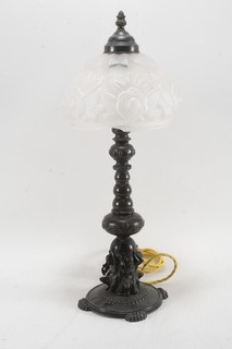 C68G13 Antique Metal Table Lamp Glass Lampshade Circa 1900