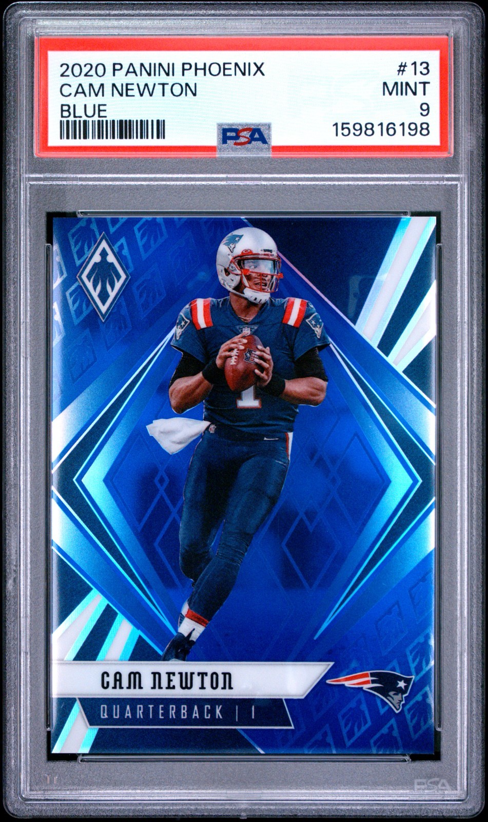 2020 Panini Phoenix Cam Newton #13 Blue Prizm /35 Color Match PSA 9 SSP view 1