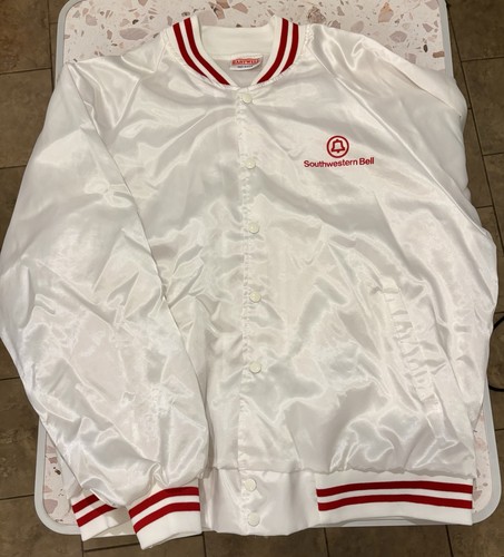 Vintage SWB Southwestern Bell Mens L Satin Bomber Jacket Snap White Hartwell