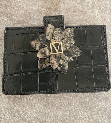 Victoria's Secret Black Crocodile Leather Card Wallet Flower Hardware NWT