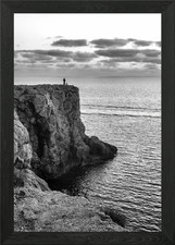 Monochrome Cliffside View Sea Lands Framed Wall Art Poster Canvas Print Picture