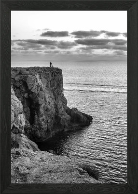 Monochrome Cliffside View Sea Lands Framed Wall Art Poster Canvas Print Picture