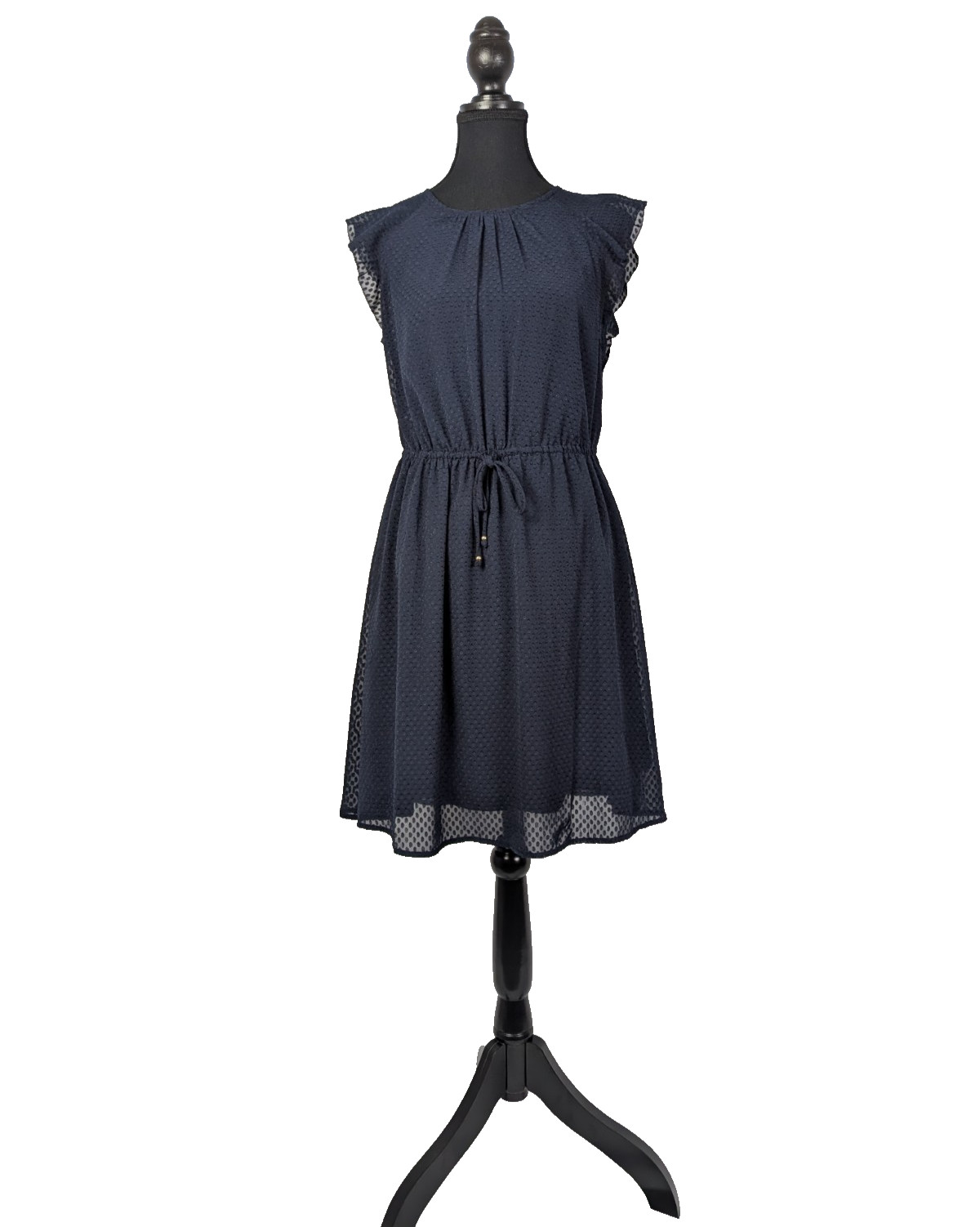 H&M Navy Blue Swiss Dot Flutter Sleeve Tie-Waist Chiffon Dress - Size 4