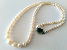 Cultured Pearl Necklace 17 & 1/2" Antique Silver & Emerald Green Stone Clasp