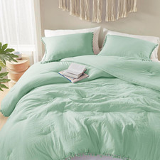 Sage Green King Comforter Set - Boho Chic Bedding with Elegant Pom Fringe, Soft