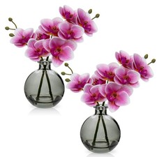 Oairse Pink Artificial Orchid Flowers w/ Black Glass Vase Faux Arrangement 10"