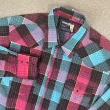 VTG Wrangler Pearl Snap Shirt Mens 16-34 Cowboy Cut Western Pink Blue Retro USA