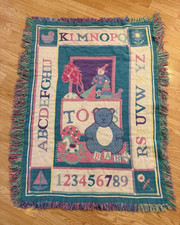 Vintage Nursery Tapestry Woven Baby Blanket Alphabet ABC Numbers Teddy Bear Frin
