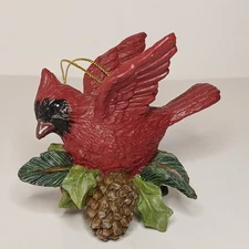 Resin Cardinal Red Bird Christmas Tree Ornament With Holly And Pine Cones 