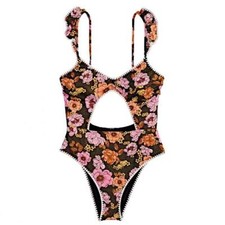 Victoria's Secret Swim Floral Cutout One Piece Swimsuit M Black Gold NEW 