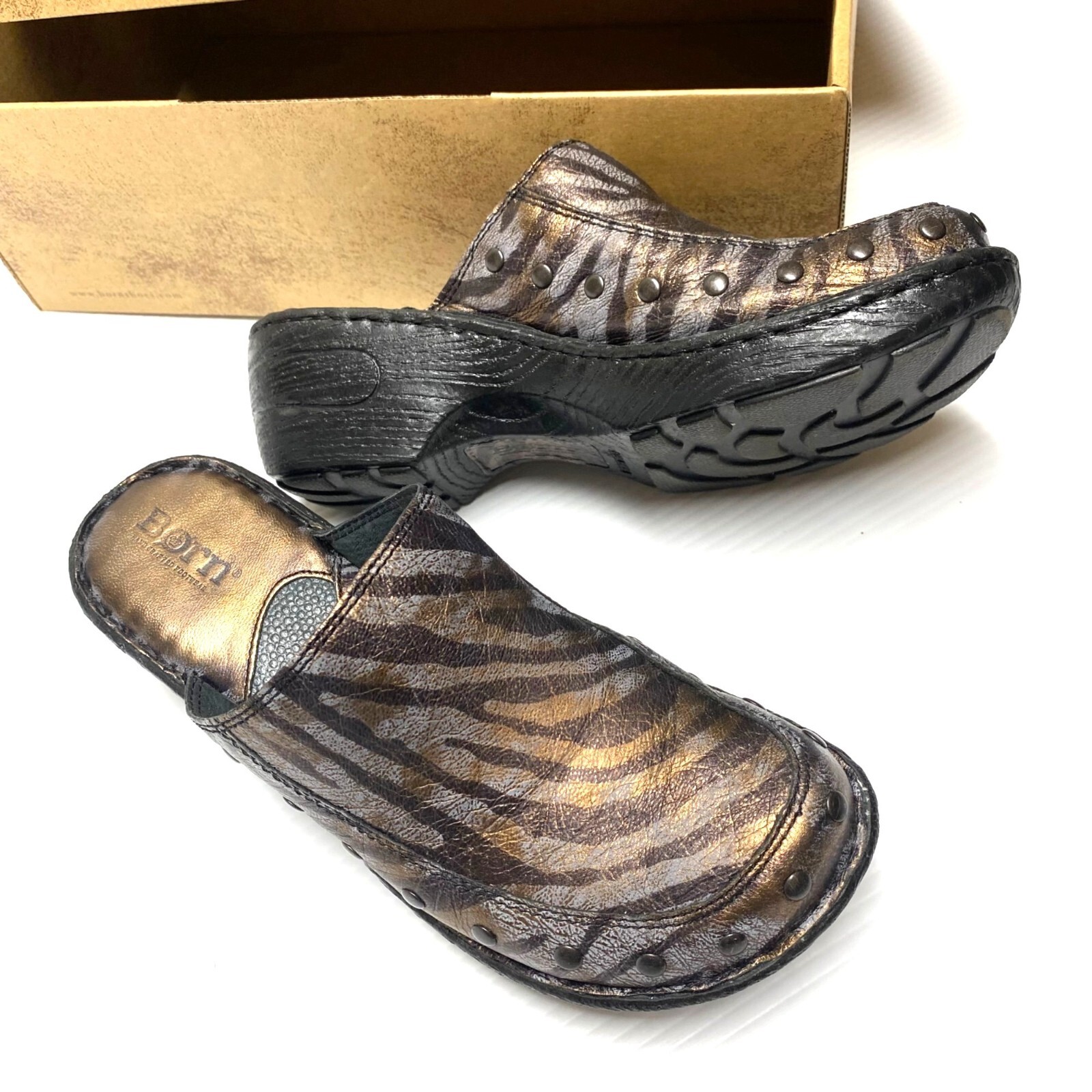 size 7 Born Womens Marley Leather Studded Mules Clogs brown copper zebra Slip-on