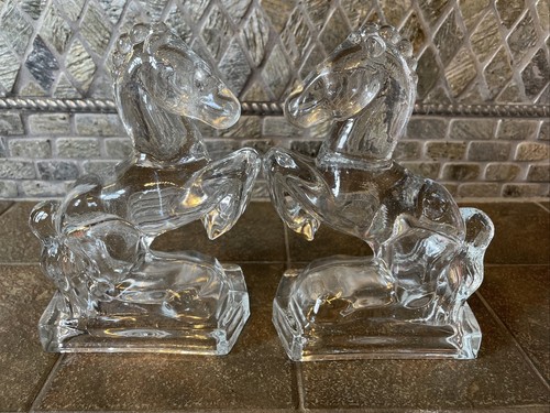 Vintage Clear Glass Horse Bookends L.E. Smith Equine Fans