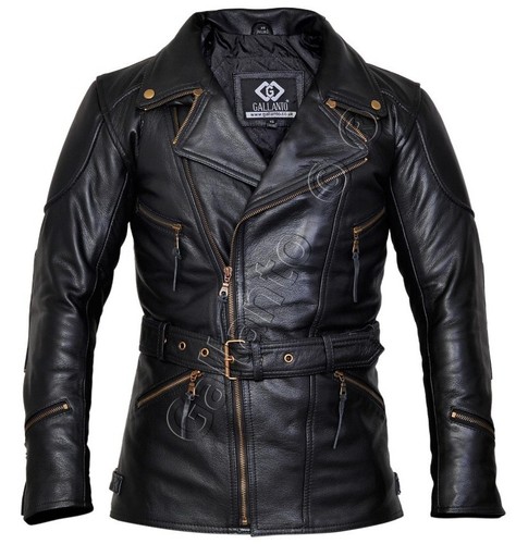 Veste en cuir long cuir long Eddie noire 3/4 moto motard noir quart de longueur - Photo 1/4