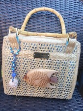 Harl Taylor Hand Bag -sisal Straw Carved Fish Purse With Bamboo Handles