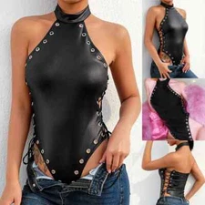 Sexy Hot Black Faux Leather Teddy Bodysuit Top Lingerie Biker Festival Sleepwear