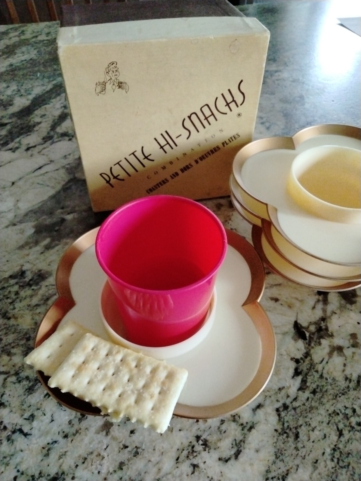 1787 VTG Petite Hisnacks 4 Combination Plastic Coasters & Hors D