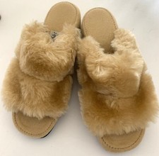 Vintage Womens OOMPHIES SLIPPERS S Beige FAUX FUR Open Toe