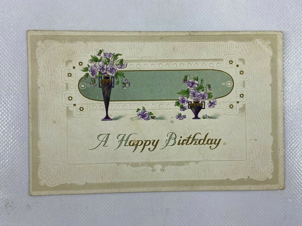 Happy Birthday Embossed Postcard Purple Flowers Vase eBay