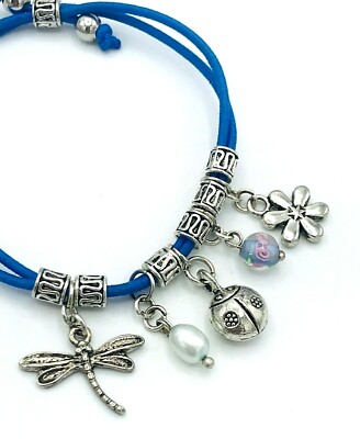 Blue Stretch Band Silver Tone Charm Bracelet