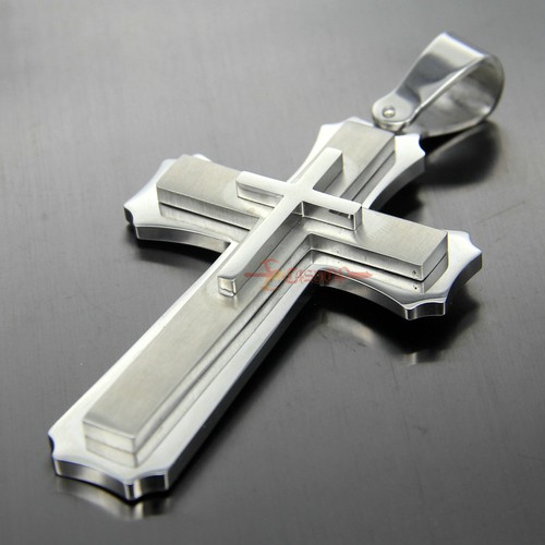 Heavy Solid Silver Stainless Steel Men Cross Necklace Pendant Franco/Rolo Chain - Picture 10 of 31