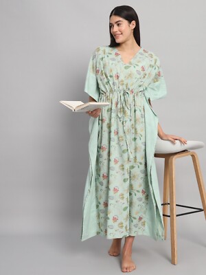 Women Casual Loose Short Sleeve V Neck Cotton Kaftan Loungwear Long Maxi  Dress | eBay