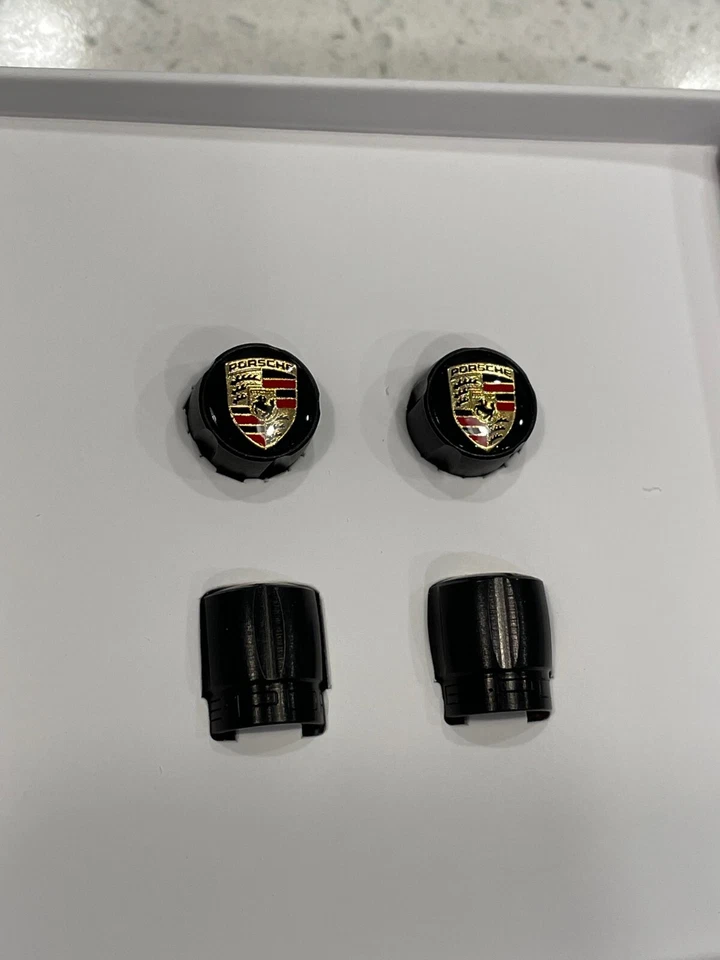 Tapas de vástago de válvula de neumático con escudo negro originales originales PORSCHE TPMS Macan Cayenne 911 Foto 3 de 4