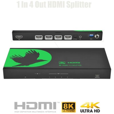 1x4 1 In 4 Out HDMI Splitter Audio Extraction 8K 60Hz 4K 120Hz HDCP 2.3 40Gbps 