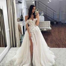 Boho Wedding Dresses With Side Split Off The Shoulder Lace Appliques Bridal Gown