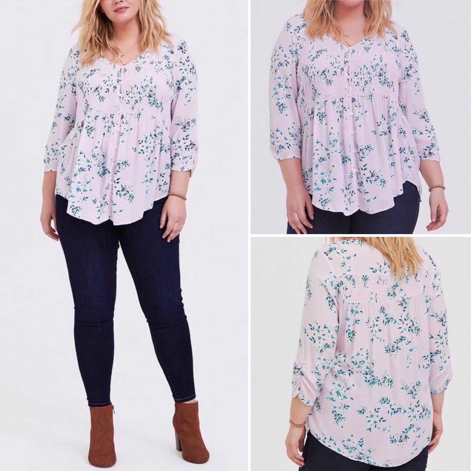 Torrid Blouse Crinkle Floral  Gauze Smoked 1X Button-Front V-Neck Shirttail Hem