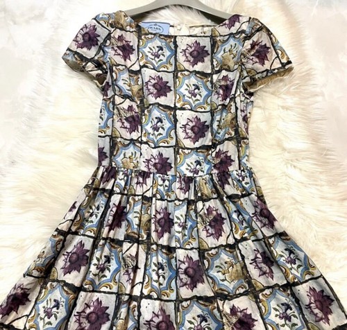 Genuine Masterpiece Prada Flower Art Design Short Sleeve One Piece Dress Blue - Picture 6 of 9