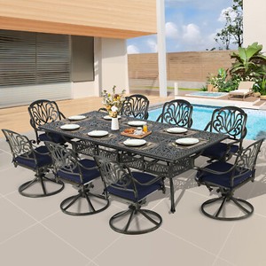Patio Dining Set 9 Pieces Outdoor Furniture Set w/ Large Table & 8 Swivel Chairs