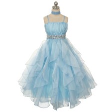 BLUE Size 12 Long Layered Ruffled Bridesmaid Party Birthday Flower Girl Dress