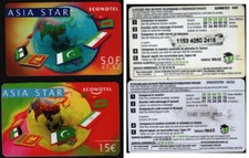 ECONOTEL ASIA STAR LOT 2  CARTES TELEPHONIQUE PREPAYEES 50F & 15€ VERSO TELE2