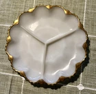 Vintage Anchor Hocking Milk Glass Gold Trim Divided Relish Plate 10" Scalloped