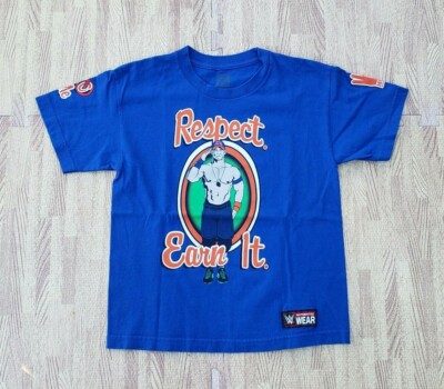 John Cena Respect Earn It WWE Authentic Shirt ~ Boys Medium M Blue Never Give Up