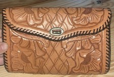Vintage Brown Tooled Carved Leather Clutch Purse Without Strap Brand New