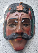 Vtg MCM Hand Carved Folk Art Figural Guatemalan Mask, Glass Eyes, Birds, Signed