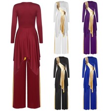 Womens Long Sleeve Lyrical Dress Wide Leg Pants Liturgical Praise Dance Costume